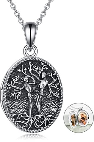 YAFEINI Schädel Medaillon Halskette Sterling Silber Skelett Baum des Lebens Medaillon Halskette Schädel Baum des Lebens Schmuck Geschenke für Damen Herren