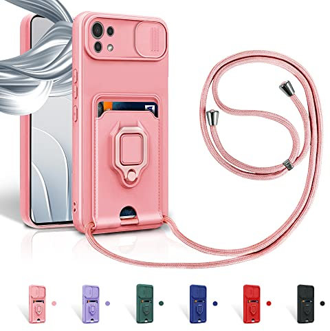Aithne Case für Xiaomi Mi 11 Lite 5G/Mi 11 Lite 4G/Mi 11 Lite 5G NE Handykette Hüll,Slide kameraschutz,Silikon Handyhülle zum Umhängen Kette,360 Grad Ringhalter Stand Kartenfach-Pink