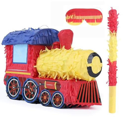 BIRCHIO 3D Zug Pinata Bundle mit einer Augenbinde und Fledermaus (42 x28 x17 cm), Zug Pinata für Jungen Geburtstag Party Supplies, perfekt für Geburtstagsparty, Zug Thema Party, Dekoration