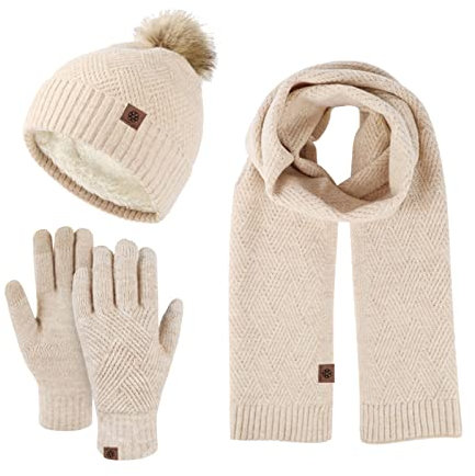 Winterset Mütze Schal und Handschuh Set Damen Wintermützen 3 Stück Nackenwärmer und Handschuhe Herren Strickmütze Mit Schal (Beige, One Size)