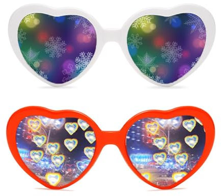 OSUWLSI 2 Stücke Herz Brille Weihnachtsbaumeffekt Effekt, 3D Heart Glasses Beugungs Brille Herzförmige Sonnenbrille, Lustige Brillen für Fasching Musikfestivals Party Bar Feuerwerk