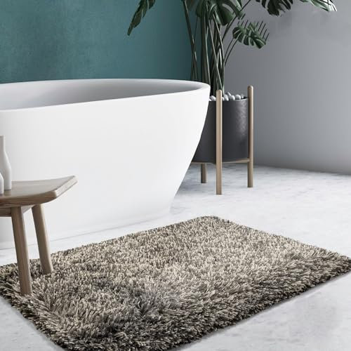 KARAT Badematte 60 x 90cm schwarz braun weicher, Flauschiger Badezimmerteppich in Shaggy Optik, Badvorleger rutschfest waschbar | Duschvorleger, Teppich Fußmatte für Badezimmer, Dusche (Jazz Amour)