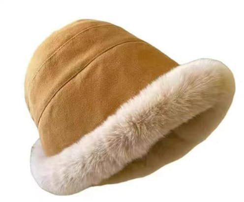 SHTGOI 1 Stück Lady Plüsch Fuzzy Hut kräuseln Krempe Winddichte Weiches Damen Winter Fischerhüte Kunstpelz Cloche Hut mit Fleece Futter Wintermütze Damenmütze Fluffy Frauen warm Floppy Brim Khaki