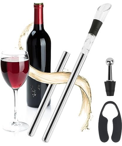 4 in 1 Wine Cooler Stick Set, Stainless Steel Wine Chill Rod, Incl. Rods + Pourer + Foil Cutter + Bottle Stopper, Ideal Wine Accessory Gift for Wine Lovers, Red/White Wine Gift