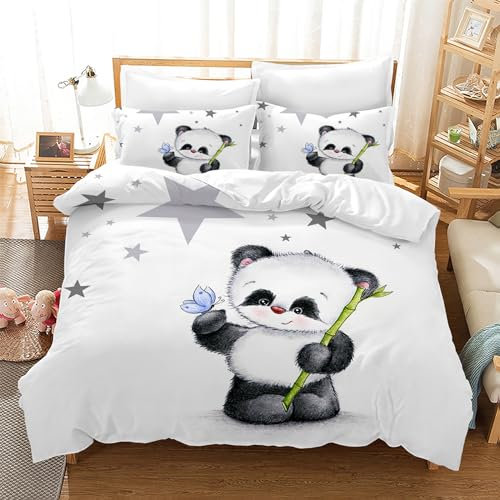 Leleyouzer Panda Bettwäsche Set für Kinder, Bettbezug mit Tiermotiv, 1 Mikrofaser Kinderbettbezug und 2 Kopfkissenbezug 50 x 75cm (P2, 135×200 cm)