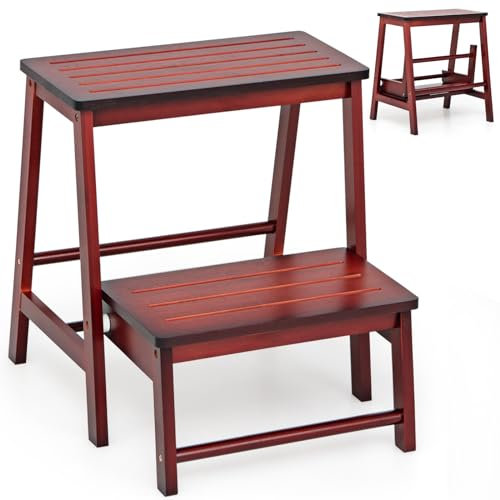 Maxmass 2 Tiers Bamboo Step Stool, Folding Ladder Stool, Portable Foot Stools Adults Kids Stepladder for Kitchen Bathroom, Max Weight 100kg (Red)