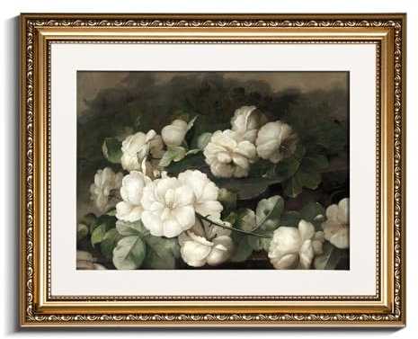 InSimSea Gold Picture Framed Wall Art, Bedroom Bathroom Vintage Flowers White Roses Canvas Print Wall Decor, Home Farmhouse Decor, Antique Paintings with Frames 13x16inch