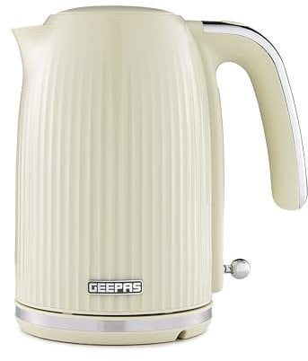 GEEPAS 1.7L Electric Kettle | Cordless Jug Kettle with Rapid Boil Auto Shut Off & Boil Dry Protection | 360° Rotational Base, Removable & Washable Filter for Hot Water Coffee Tea | 3000W Fluted Cream
