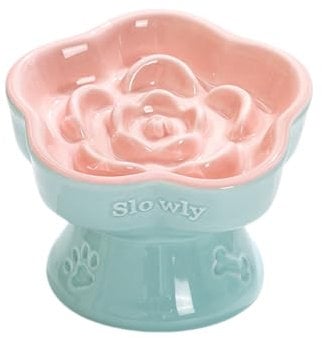 Aquainno Ceramic Raised Slow Feeder Cat Bowl, Elevated Tilted Anti-Vomiting Pet Bowl for Cats & Small Dogs - Cute Flower Design, Non-Slip Base, Shallow Wide Dish for Dry/Wet Food (Pink, 5.8 Inch)