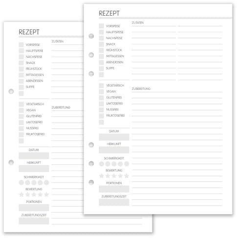 Rezepteinlagen Rezeptblätter A5, 50 Blatt, Einlagen zum Selberschreiben, gelocht, ungelocht, Nachfüllbar, Nachfüllpack