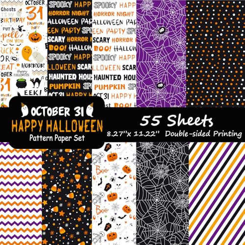 Morcheiong 55 Blatt Halloween-Muster, dekoratives Papier, doppelseitig, für Kartenherstellung, Scrapbooking, Fotoalbum, Dekoration, 10 Designs (lila, 21 x 28,5 cm)