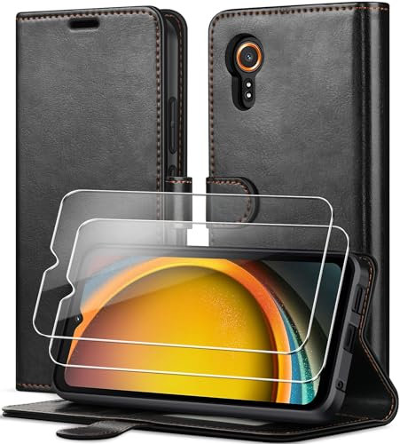 ivoler Handyhülle für Samsung Galaxy Xcover 7 Mit 2 Stück Panzer Schutz Glas, RFID-Blockierung Hülle PU Leder Stoßfest Schutzhülle Magnetische Klapphülle mit Kartenfach und Standfunktion - Schwarz