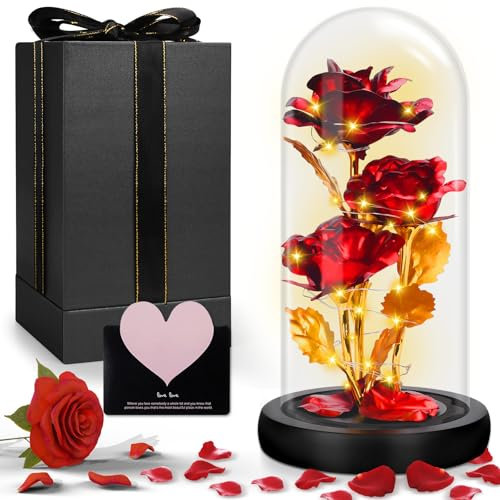 UCAMP Rosa Eterna con LED,Bella e La Bestia Rose Eterna,Galaxy Rose,Kit Regalo Rosa,Cupola in Vetro,Base in Legno,1 Biglietto d'Amore,per Mamma,Donne,Natale,Matrimonio,Anniversario,Festa della Mamma
