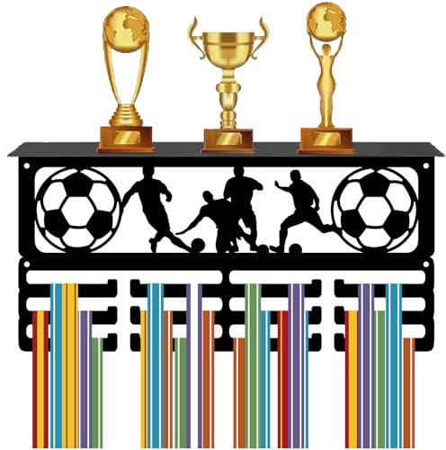 CREATCABIN Fußball Medaillenhalter Trophäenregal Medaillenaufhänger Metall Zur Wandmontage Für 60+ Medaillen Bänder Organisationsregal Mit Regal Für Preisverleihungen Rennmedaillengewinner 40x20x10cm