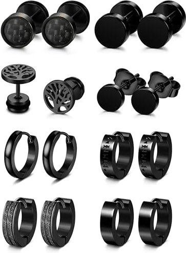 YADOCA 8 Paare Ohrringe Herren Schwarz Edelstahl Hypoallergen Ohr Piercing Creolen für Männer Jungen, B