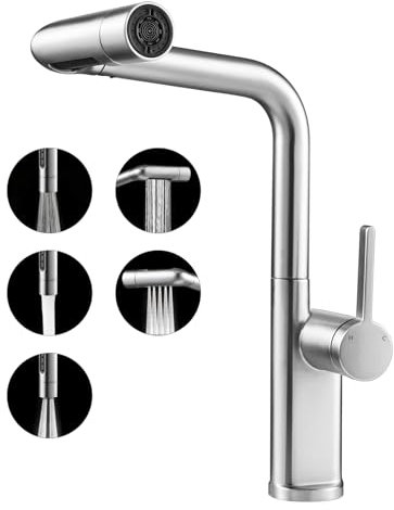 Warmiehomy 5 Modes Kitchen Taps Mixer with Pull Out Spray,High Arc 360° Swivel Dual Spout Pull Down Stainless Steel Kitchen Sink Taps,Brushed Nickel