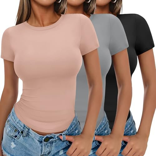 Ekouaer Womens 3 Pack Short Sleeve Tops Crew Neck Basic T-Shirts Stretch Fitted Summer Crop Top Aesthetic Streetwear, Black + Pink + Grey, XL