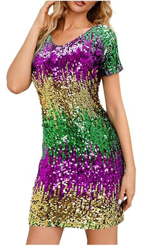 Vestido de manga corta con cuello en V para mujer, mini vestido formal de lentejuelas brillantes, vestido de fiesta de bienvenida para mujer 2025, I-582 Verde Lima, L