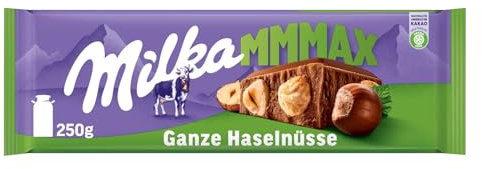 Milka MMMAX Große Tafel Alpenmilchschokolade mit ganzen Haselnüssen, 250 g