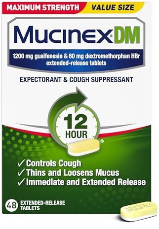 Mucinex DM 12Hr Maximum Strength Chest Congestion & Cough Medicine for Adults, Cold and Cough Medicine for Excess Mucus Relief, 1200 mg Guaifenesin & 60 mg Dextromethorphan HBr, 48 Bi-Layer Tablets