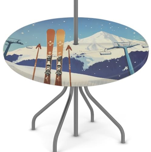 Woltant Runde Tischdecke mit Sonnenschirmloch und Reißverschluss, abwischbare Tischdecke mit elastischen Kanten, Tischschutz für Garten, Terrasse, BBQ (Skipiste)
