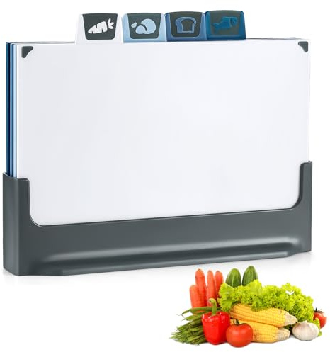 BEWOS 4PCS Colour Coded Chopping Board Set with Stand - Dishwasher Safe Plastic Chopping Boards with Juice Grooves for Hygienic Food Prep，UK Non-Slip Cutting Boards for Kitchen