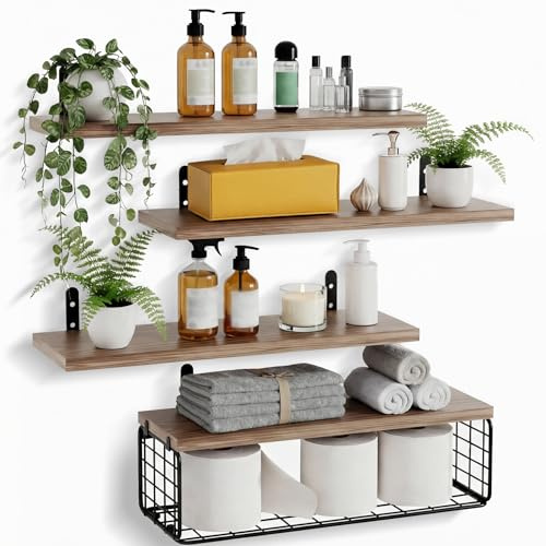 Wandregal Holz, 4 + 1 Stück Schweberegal Holzregal mit Drahtkorb, Braun | 40 cm Regale für Wände, Stabiles Regalbrett Holz für Schlafzimmer, Wohnzimmer, Badezimmer, Küche