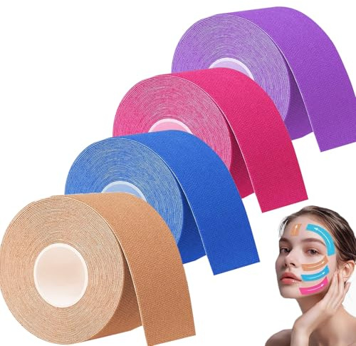 NELLHOMY 4 Rollen Kinesiotapes Gesicht,2cm X 5m Tapes für Gesicht,Face Lifting Tape,Kinesiologie Tape Gesicht,Gesichtsstraffungsband,Anti Falten Pflaster,Myofasziales Gesichtstraffungsband