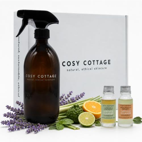 Cosy Cottage Biodegradable Cleaning Spray Starter Kit | 2 x 15ml Concentrates Makes 1L | Plant-Based Spray | Lavender & Lemongrass, Sweet Orange & Bergamot | Eco-Friendly Gift Bundle | COSMOS Approved