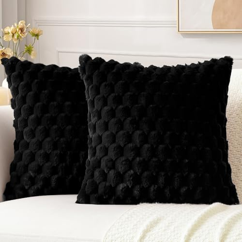 Sungeek 2er Set Kunstpelz Plüsch Kissenbezüge, Kunstpelz Samt Weich Kissenbezug Sofakissen Dekokissen Deko Zierkissenbezüge Flauschig Kissenhülle für Schlafzimmer Wohnzimmer (40x40cm, Schwarz)