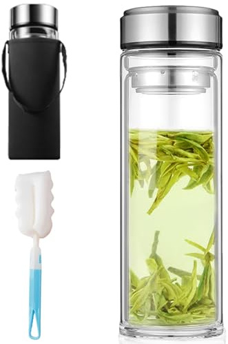 Glasflasche 1 Liter: Doppelwandige Trinkflasche Glas1L, Trinkflasche mit Topfbürste und Tassensets, Teeflasche mit Sieb To Go, Trinkflasches Glas