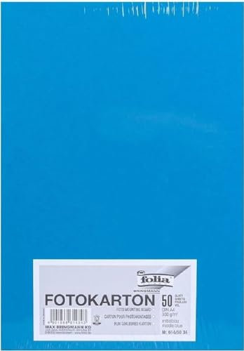 folia 614/50 34 - Fotokarton DIN A4, 300 g/qm, 50 Blatt, mittelblau - zum Basteln und kreativen Gestalten von Karten, Fensterbildern und für Scrapbooking