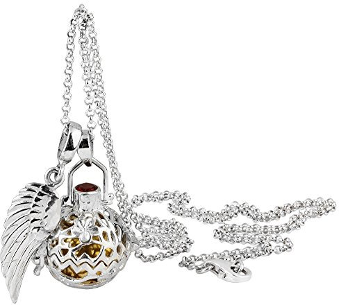 Nenalina Silber Halskette mit Engelsflüsterer Anhänger, Klangkugel und Engel Flügel Anhänger | Damen Collier mit Schmuck- und Kettenanhänger | Länge 80cm | 925 Sterling Silber| EFS-010
