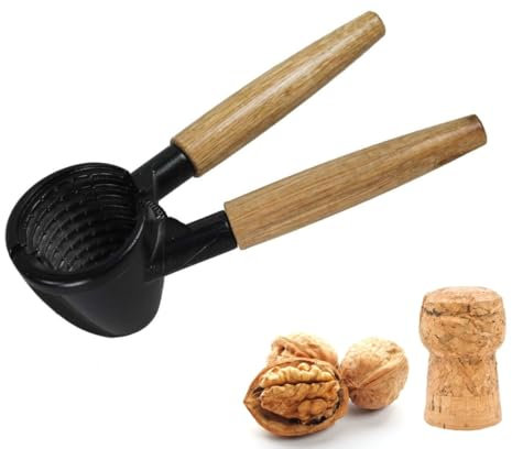 GMMH Multifunktionaler Nussknacker, 17 cm lang, 3 in 1, Flaschenöffner und Sektkorkenzange, Sicherheitshelfer, Sektkorken sicher öffnen, mit Holzgriff und Eisenkopf, Nusszange Nussöffner Nussbrecher