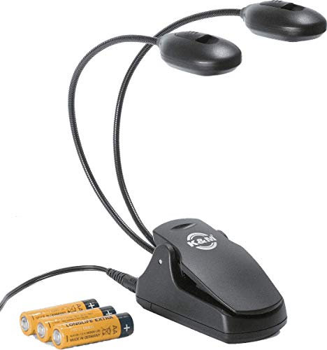 K&M 12270 Notenpultleuchte Twin Head Schwarz – Anbringung per Clip – bewegliche Schwanenhälse, 2 x 1400 Lux pro Kopf