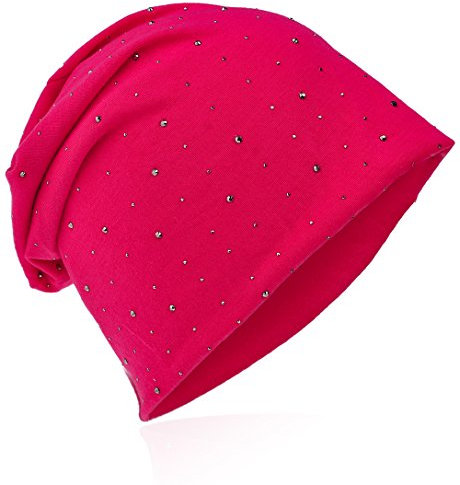 Miobo Jersey Slouch Beanie Long Mütze mit edler Strass Nieten Applikation Unisex Unifarbe Herren Damen Trend,Pink