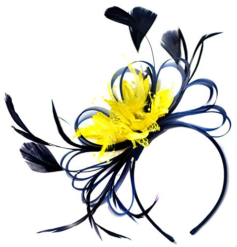 Caprilite Fascinator / Fascinator mit Federn, leichtes Netz, Marineblau und Gelb