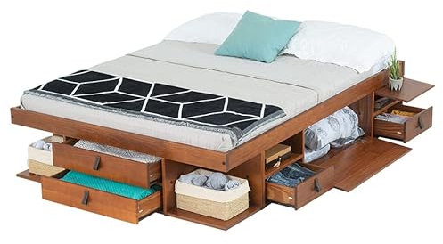 Letto a Cassetti Bali Matrimoniale (160x200 cm) Caramello - Molto spazio di stoccaggio e cassetti, ideale per piccole stanze - Letto con contenitore in legno massello - Prezzo incl. rete a doghe