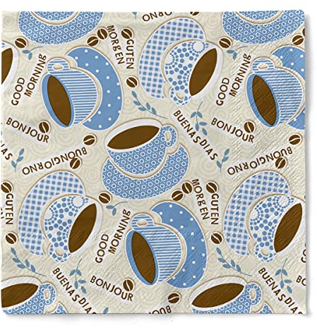 Sovie HOME Serviette KAFFEE OLÈ in Champagner-Blau aus 3-lagigem Tissue, 33 x 33cm, 20 Stück, Kaffeetassen Design Begrüßungen Mehrsprachig, Tischdeko Kaffee Event