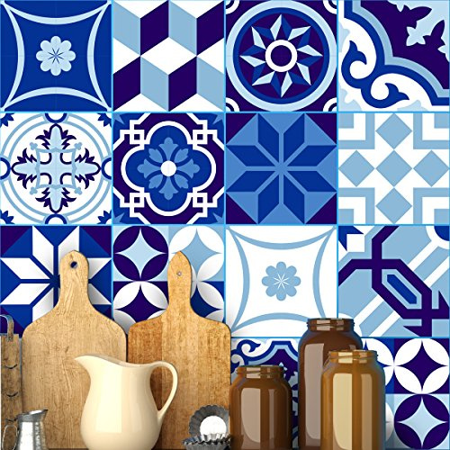 Ambiance Stickers Muraux, Nuance de Bleu, Lot de 16, 20x20 cm | Vinyle adhésif, anti-rayure, ciment, carreaux adhésif cuisine, carrelage adhésif mural cuisine