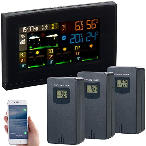 infactory WLAN Thermometer Outdoor: WLAN-Funk-Wetterstation mit 3 Außensensoren, Farbdisplay, Uhr und App (Thermometer Gewächshaus, Aussenthermometer, Temperatursensor wasserdicht)