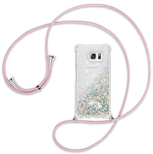 Ptny Case Funda Colgante movil con Cuerda para Colgar Samsung Galaxy S6 Carcasa Correa Transparente de TPU con Cordon para Llevar en el Cuello con Ajustable Collar Cadena Cordón en Oro Rosa