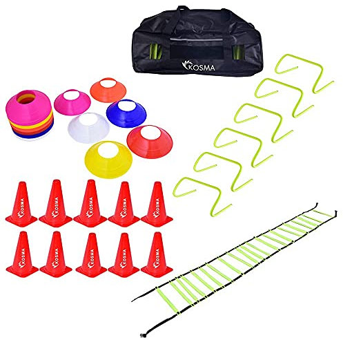 Kosma Pack of 58Pc Football Speed Agility Training Kit | Exercise & Fitness Training Equipment Set (6 - Agility Hurdles, 10 - Traffic Cones 9, 40 - Mini Marker Cones, 2 - Agility Ladders 4 Meters)