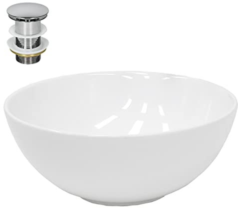 ECD Germany Waschbecken Waschtisch Ø 320 x 135 mm inkl. Ablaufgarnitur ohne Überlauf aus Keramik Rund Weiß - Aufsatzbecken Aufsatzwaschbecken Waschschale Aufsatzwaschtisch Spülbecken Becken