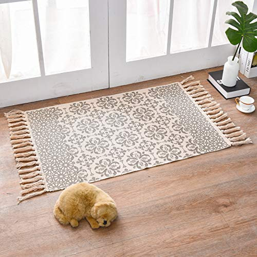 MORROWCAMP Tappeto Boemico in Cotone Tessuto con Pompon, Lavabile 90x60 cm Stile Rustico Bohemian Vintage Cucina Bagno Camera Da Letto Lavanderia Ingresso, Interno