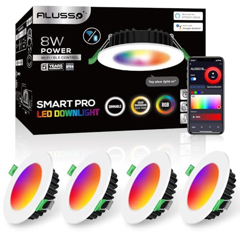 ALUSSO Smart Downlights Alexa, 8W IP44 Dimmbares RGB-Downlight Smart CCT 3000-5700K Bluetooth WIFI APP-Steuerung Kompatibel mit Alexa Google Assistant Smart Life APP, 70-80mm Ausschnitt 650LM 4er Pack