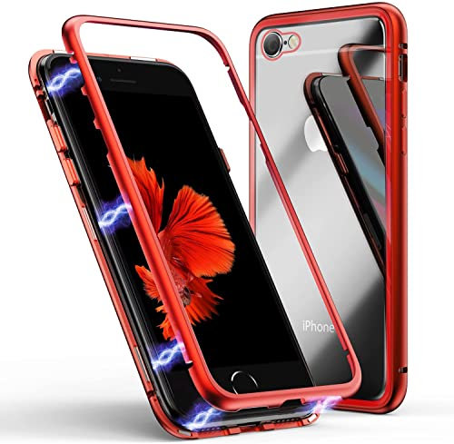 LONYAN kompatibel mit iPhone 6 Hülle/iPhone 6s Hülle, Magnetische Adsorption Handyhülle Ultra Dünn Metallrahmen Hartglas mit eingebautem Magnetklappdeckel Transparentes Rot