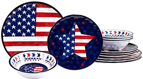 Certified International Stars & Stripes Melamin-Geschirr-Set, 12-teilig, Service für 4 Personen