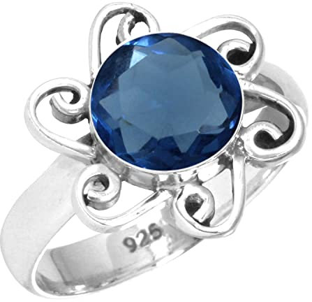 Jeweloporium Ring aus simuliertem Silber mit blauem Saphir, Größe 63 (20,1), Ring aus 925er Sterlingsilber für Damen, handgefertigter Schmuck mit rundem Edelstein