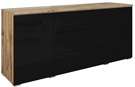 Mirjan24 Kommode Doppo 150 mit 3 Schubladen und 2 Türen, Griffloses Öffnungssystem, Anrichte, Sideboard, Highboard, Mehrzweckschrank (Wotan/Schwarz Hochglanz, ohne Beleuchtung)